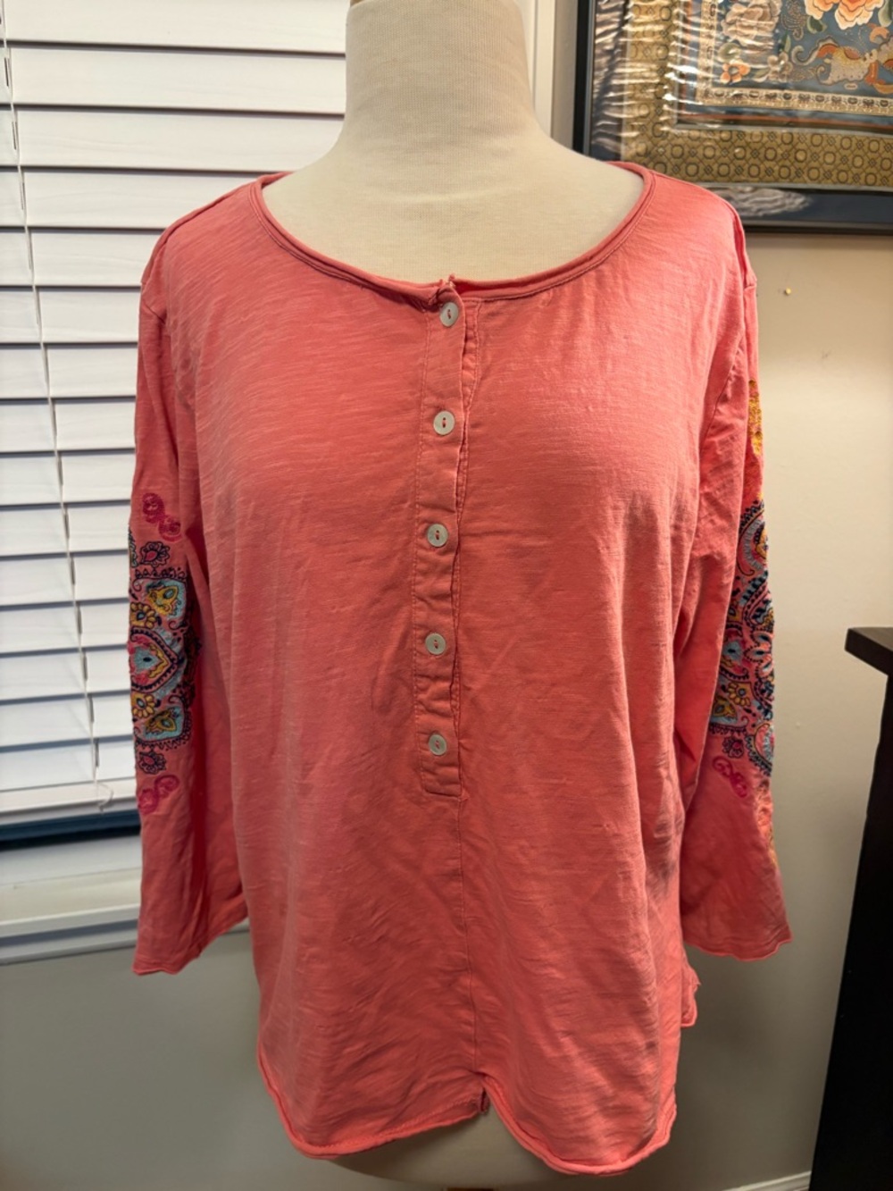 Sundance Coral Pink Long Sleeve Henley Tee with Embroidered Sleeves